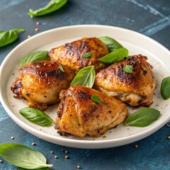 Grilled Chicken Thighs with Basil Garnish and Mustard Seeds on Dark Gray Background