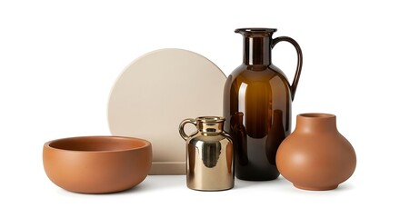 Pottery and Glassware Still Life Arrangement on White Background