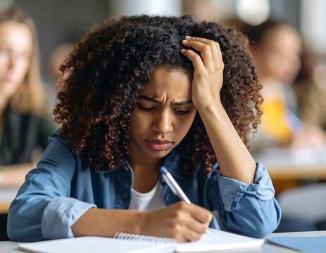 Stressed Student Studying Overwhelmed, Frustrated, and Focused on Exams