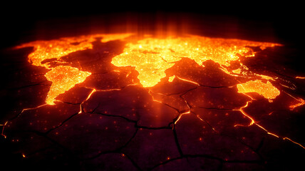 Glowing world map cracked earth hot lava global warming climate change dramatic environmental disaster fiery intense heat