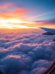 Fototapeta premium Airplane wing flying above a sea of clouds during sunrise, creating a tranquil and scenic travel moment. Perfect for travel, aviation, vacation, and inspirational content
