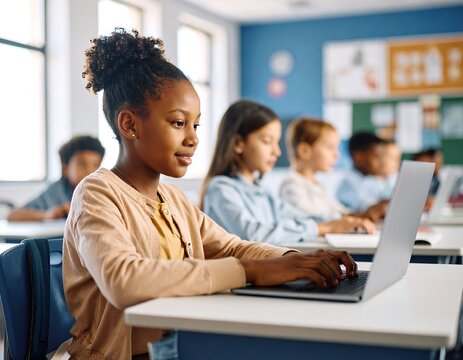 Focused Elementary School Student Learning on Laptop in Classroom