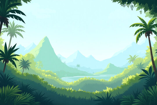 painting of a lush green jungle with mountains in the background