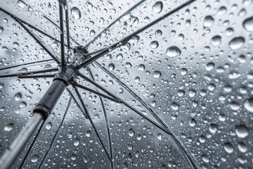 Close-up View of Raindrops on Transparent Umbrella Against a Gloomy Background