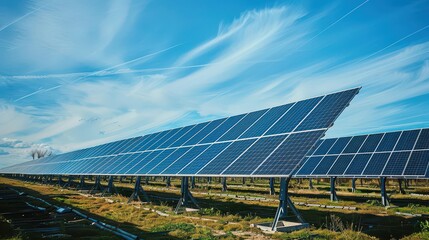 Solar panel farm with rows of panels generating power in a rural setting