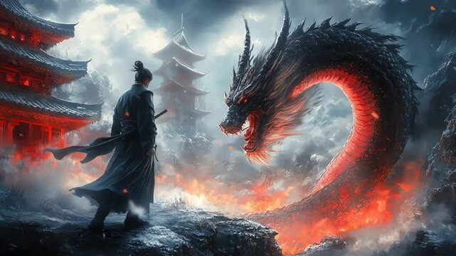 A samurai faces a redglowing dragon before pagodas in a foggy fiery landscape