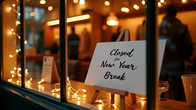 A festive shop window displays a closed sign for New Year break illuminated by string lights, creating a cozy, holiday atmosphere.