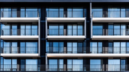 Obraz premium Modern minimalist building facade with grid-patterned large rectangular windows, dark frames, sleek horizontal balcony railings, white balconies, and dark cladding under clear blue sky.