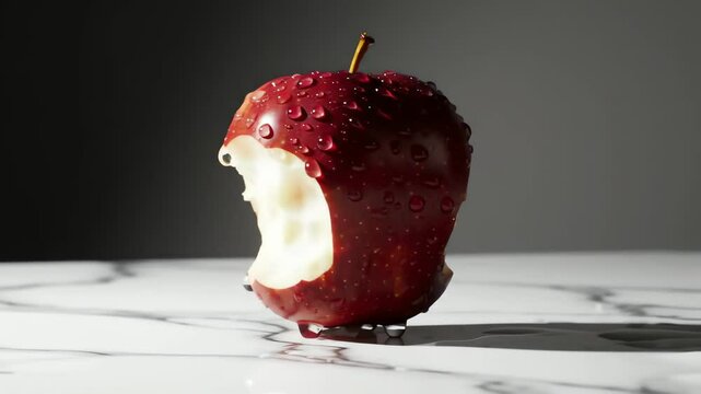 An eaten shiny red apple with water droplets sits on a marble surface with a grey background