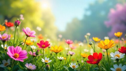 Fototapeta premium Vibrant wildflowers in full bloom during a bright springtime day A colorful meadow bursting with life and natural beauty, perfect for spring backgrounds and nature themes , pollen, blossom