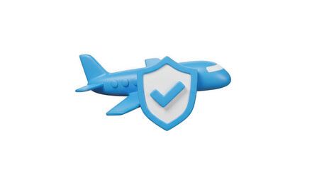  3D Render of Blue Airplane with White Shield and Checkmark on Transparent PNG Background, airplane, aircraft, plane, secure, security, protection, insurance, safe