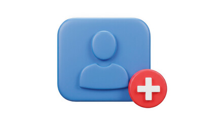 Fototapeta premium 3D Render of Blue User Icon with Red Add Button on Transparent PNG Background, user, add user, new user, create account, profile, contact, person, human, icon, symbol, blue