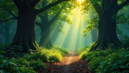 Obraz premium Sun-Dappled Forest Path A Mysterious Journey Through Ancient Woods, Sunlight Filtering Through Lush Canopy, Creating an Ethereal Atmosphere of Wonder and Discovery
