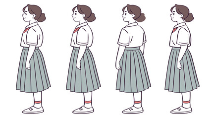 Four illustrations of a girl in a school uniform showing different posture and body alignment variations
