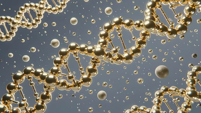 Golden collagen peptide chains appear as spherical beads linked by delicate bonds, glistening softly against a pristine white background.