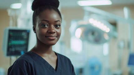 A confident young female nurse wearing modern scrubs stands in a healthcare setting, showcasing professionalism and dedication to patient care and support.