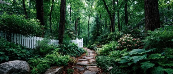 Lush garden path through a dense forest