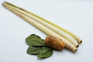 Essential Asian cooking ingredients including aromatic lemongrass, earthy turmeric, and fragrant kaffir lime leaves, ready for culinary use.