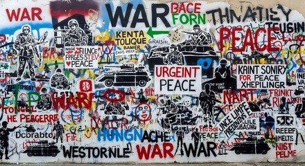 Textured urban wall covered in layered street art vibrant graffiti and stark stencils depicting the powerful contrast between war and peace a compelling visual narrative on