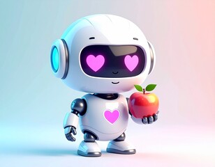 A cute futuristic robot friend holding an apple.