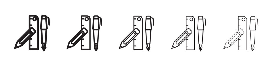 Ruler, pencil and pen icon thin flat outline style vector sign