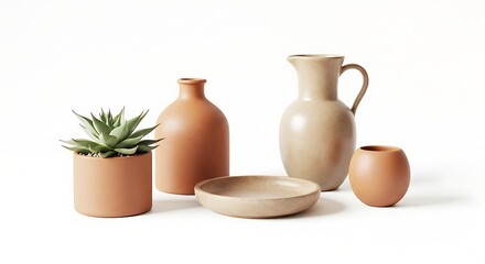 Still Life with Planter, Pottery and Neutral Tones on White