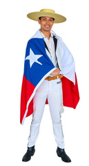 Chilean huaso, wearing traditional attire, stands proudly draped in the chilean flag, showcasing...