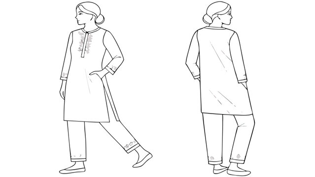 Illustration of a woman wearing a salwar kameez outfit with embroidery on the front and ankles view