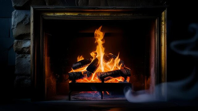 Fireplace with Burning Logs and Smoke Drifting Upward