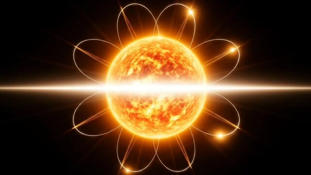 Glowing orange star with symmetrical orbits resembling a cosmic atomic model, seamless looping 4k time-lapse animation video background. Space concept