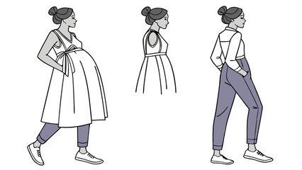 Three fashion illustrations showing a pregnant woman and different clothing styles and outfits for women