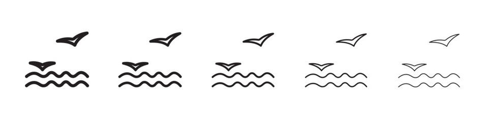 Sea with seagull icon thin flat outline style vector sign