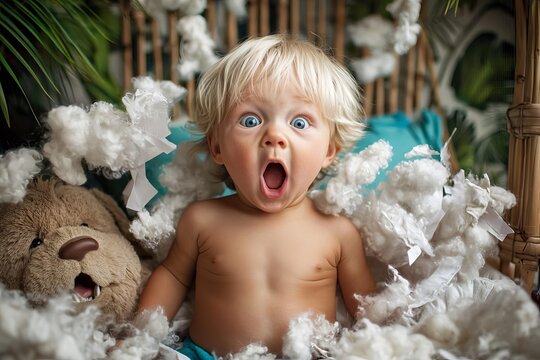 a playful hyperactive cute white toddler misbehaving and making a huge mess in a kids room, throwing around things and shredding paper