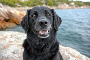 Black labrador retriever greyhound mix dog sitting outside watching waiting alert looking happy excited while panting smiling and staring at camera