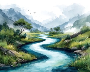 Misty mountain river landscape