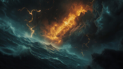 A chaotic lightning storm over the ocean