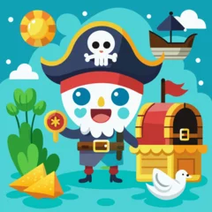 Cute pirate character holding a treasure map in cartoon vector style, perfect for children's books, treasure hunt games, fantasy island tales, and storytelling scenes
