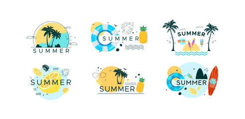Summer vacation collection in flat design style with beach elements like sun, sea, surfboard, and pineapple. Ideal for travel agencies, seasonal banners, Perfect for summer events, summer holidays
