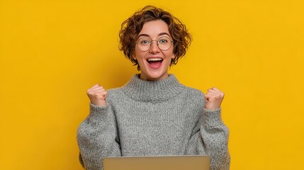 Excited young female winner with laptop isolated on yellow background.