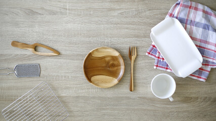 Stylish table eco serving with glass and wooden utensils