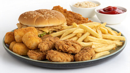 Delicious fast food meal with crispy fried chicken, nuggets, French fries, burger, and dipping sauces on a plate. Classic comfort food on white background.
