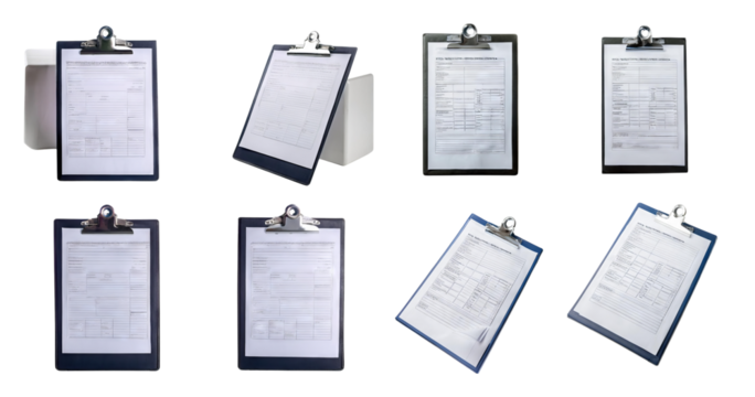 Various Clipboard Designs with Blank Documents for Office Use, isolated on transparent background