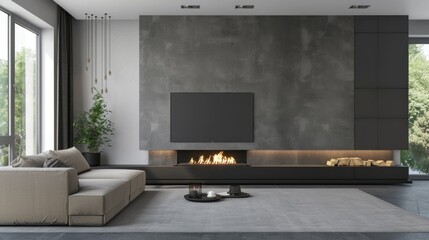 Elegant living space with a sleek built-in fireplace stock photo --ar 16:9 --raw --v 6 Job ID: a08b174e-5bd6-40ec-b9a1-d5ab9e11e3f4