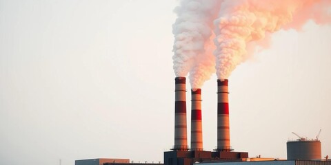 Industrial smokestacks emitting pollution against a white background, design, environmental pollution
