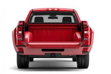Red pickup truck with open tailgate rear cargo view