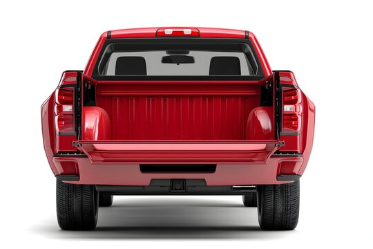 Red pickup truck with open tailgate rear cargo view