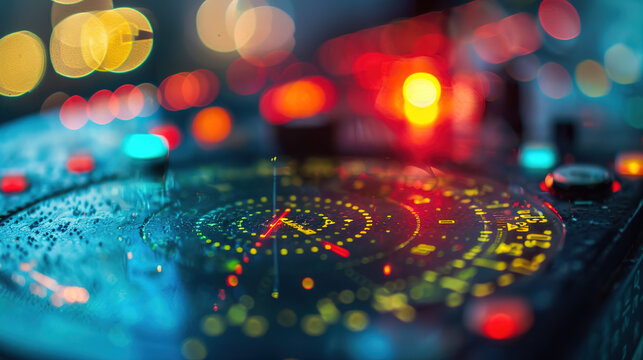 Close-up of an illuminated air traffic control radar display inside a control tower, with blurred runway lights and observation windows in the background. The image captures the complexity and precisi