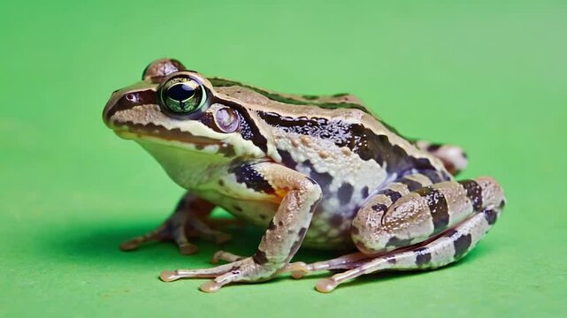 Close-up of a vibrant frog perched on a green surface, showcasing its intricate patterns and colors