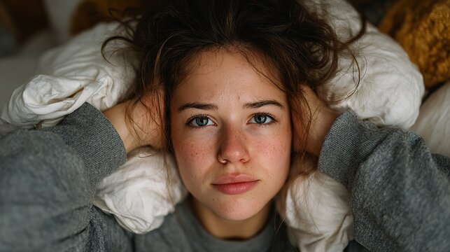 Young woman trying to sleep while disturbed by noisy neighbors, covering ears with pillows.