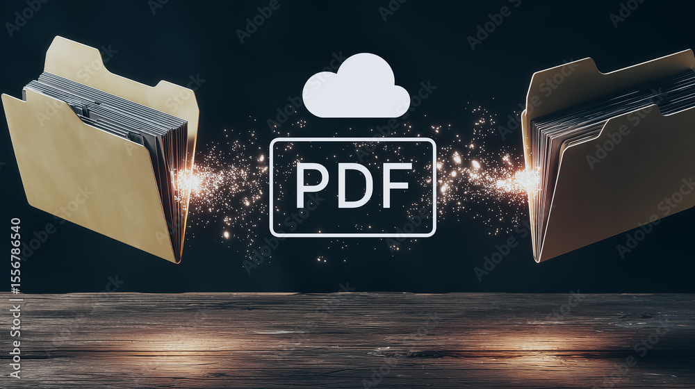 Poster cloud-based document transfer: visualizes a digital exchange of pdf documents between two file folde